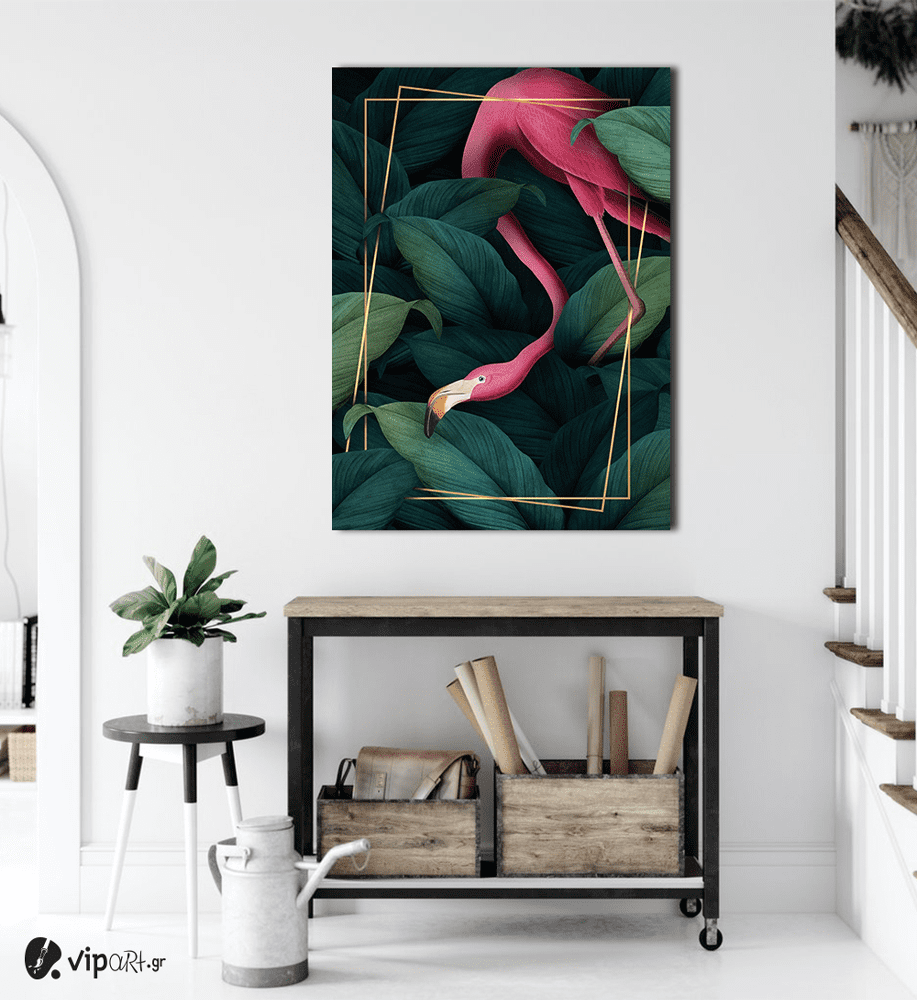 Πίνακας Καμβάς Pink flamingo- Gold frame