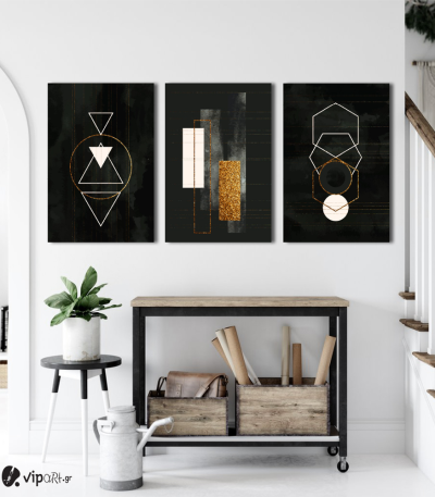 Σύνθεση Με Πίνακες Καμβάδες 60x40 - 3 Τεμάχια - Gold & White Symbols