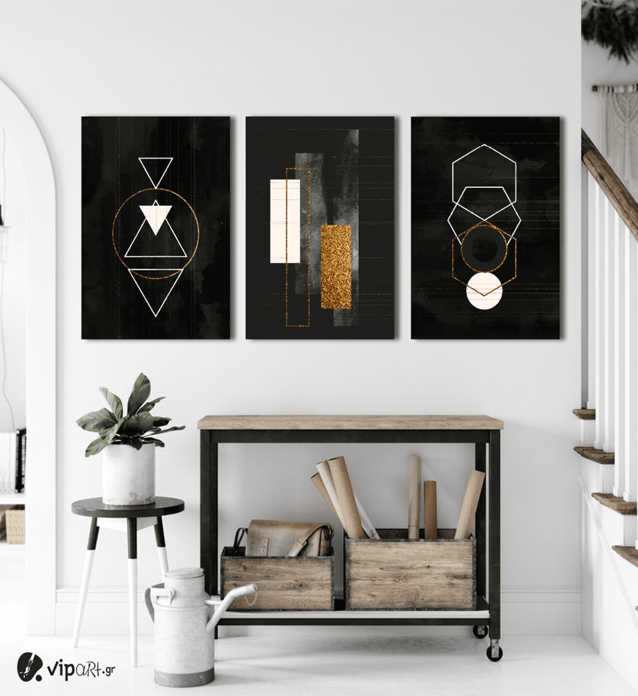 Σύνθεση Με Πίνακες Καμβάδες 60x40 - 3 Τεμάχια - Gold & White Symbols