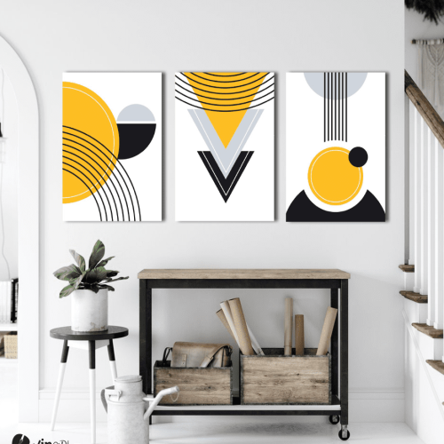 Σύνθεση Με Πίνακες Καμβάδες 60x40 - 3 Τεμάχια - Black & Yellow Art