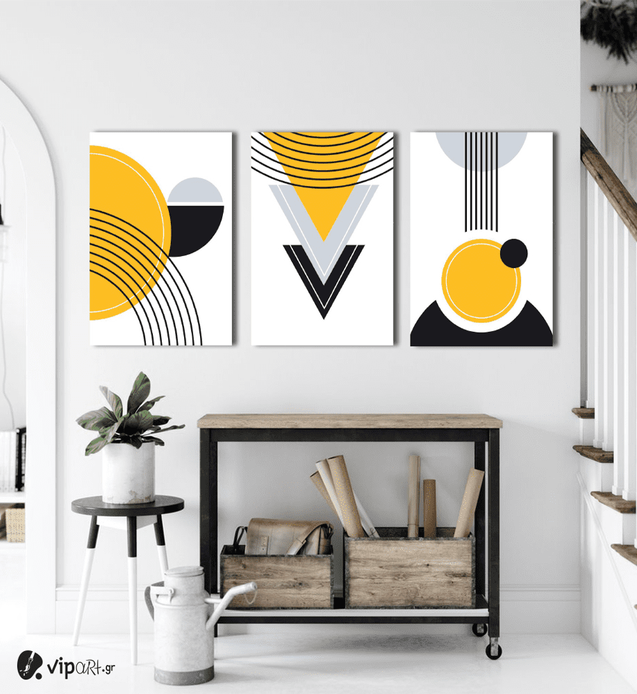 Σύνθεση Με Πίνακες Καμβάδες 60x40 - 3 Τεμάχια - Black & Yellow Art