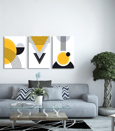 Σύνθεση Με Πίνακες Καμβάδες 60x40 - 3 Τεμάχια - Black & Yellow Art
