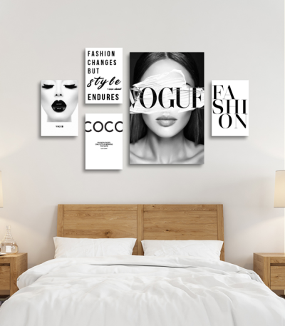 Σύνθεση με πίνακες Καμβάδες Fashion Chanel Vogue Canvas - 4 Τεμάχια 30x20 & 1 Tεμάχιο 60x40