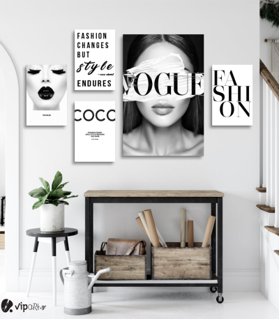 Σύνθεση με πίνακες Καμβάδες Fashion Chanel Vogue Canvas - 4 Τεμάχια 30x20 & 1 Tεμάχιο 60x40