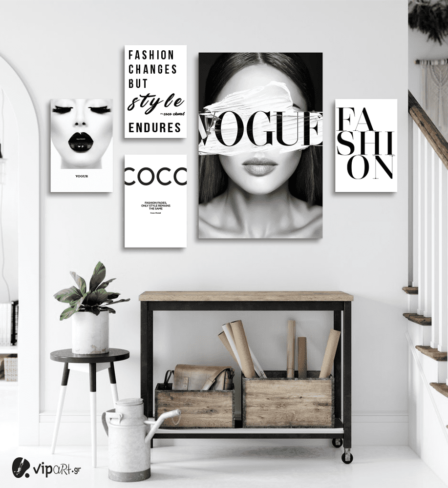 Σύνθεση με πίνακες Καμβάδες Fashion Chanel Vogue Canvas - 4 Τεμάχια 30x20 & 1 Tεμάχιο 60x40