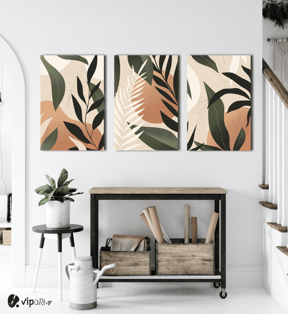 Σύνθεση Με Πίνακες Καμβάδες 60x40 - 3 Τεμάχια - Green Leaves
