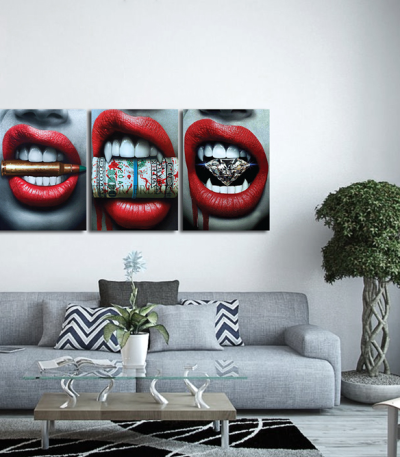 Σύνθεση Με Πίνακες Καμβάδες 70x50 - 3 Τεμάχια - Wild Lips
