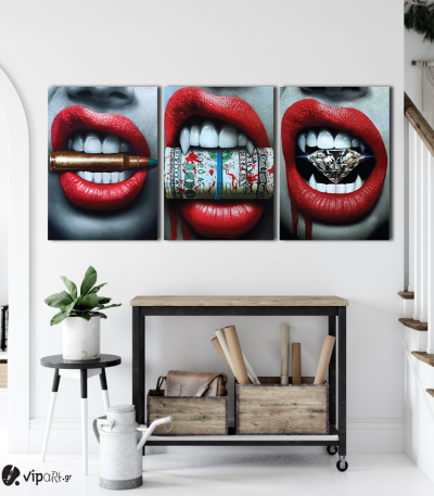 Σύνθεση Με Πίνακες Καμβάδες 70x50 - 3 Τεμάχια - Wild Lips