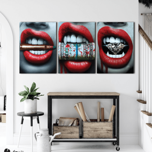 Σύνθεση Με Πίνακες Καμβάδες 70x50 - 3 Τεμάχια - Wild Lips