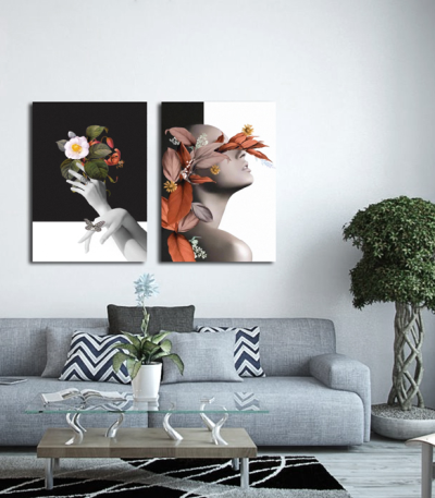 Σύνθεση με πίνακες Καμβάδες : Woman- Flower Black & White - 2 Τεμάχια 70x 50