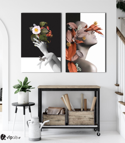 Σύνθεση με πίνακες Καμβάδες : Woman- Flower Black & White - 2 Τεμάχια 70x 50