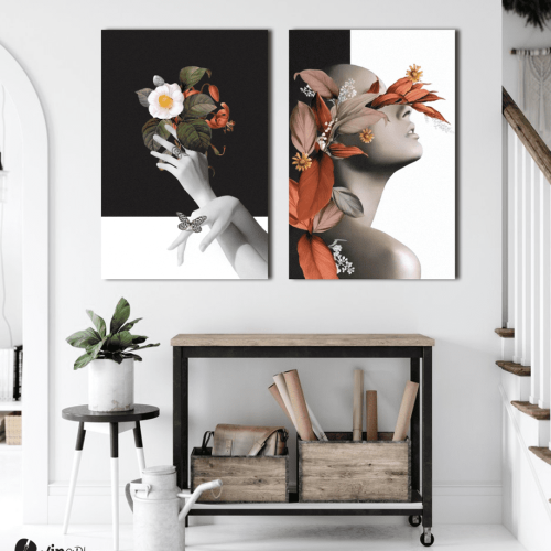 Σύνθεση με πίνακες Καμβάδες : Woman- Flower Black & White - 2 Τεμάχια 70x 50
