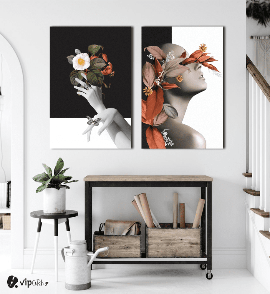 Σύνθεση με πίνακες Καμβάδες : Woman- Flower Black & White - 2 Τεμάχια 70x 50