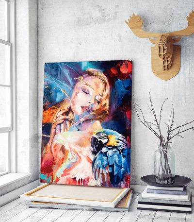 Πίνακας Καμβάς Colorful Woman- Parrot