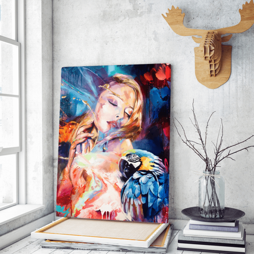 Πίνακας Καμβάς Colorful Woman- Parrot