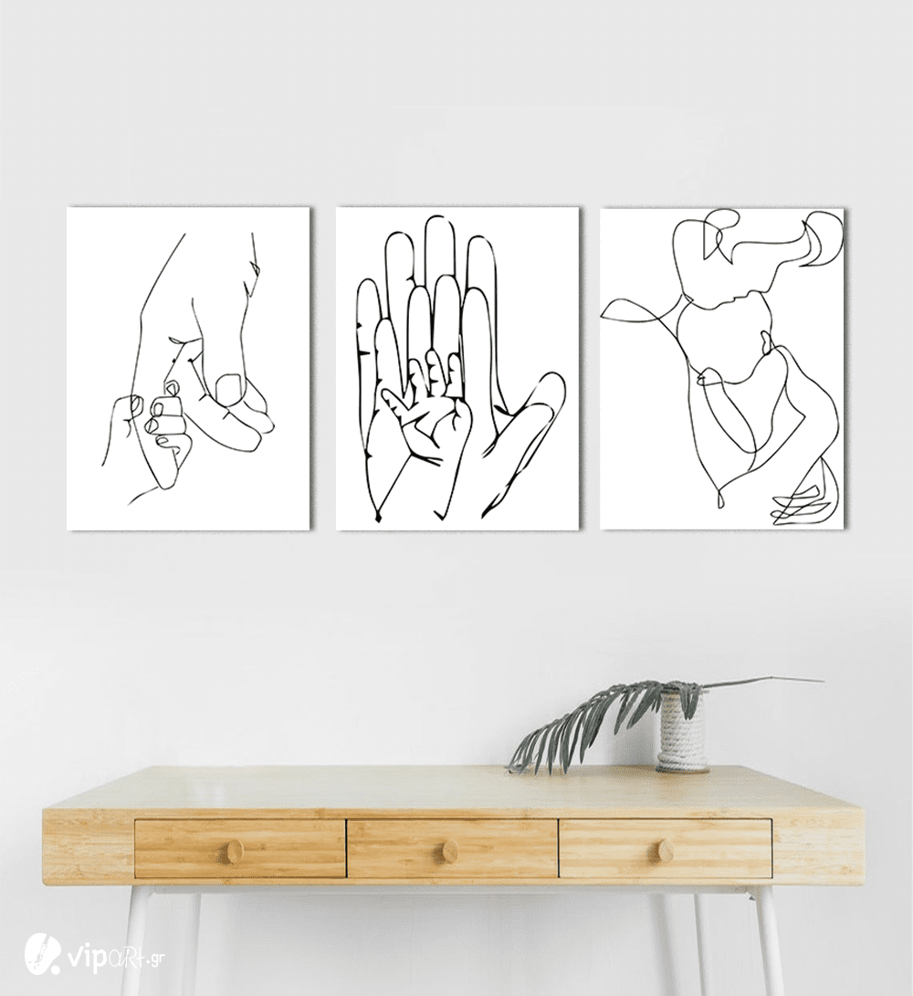 Σύνθεση Με Πίνακες Καμβάδες 70x50 - 3 Τεμάχια - Family Line Art Drawing