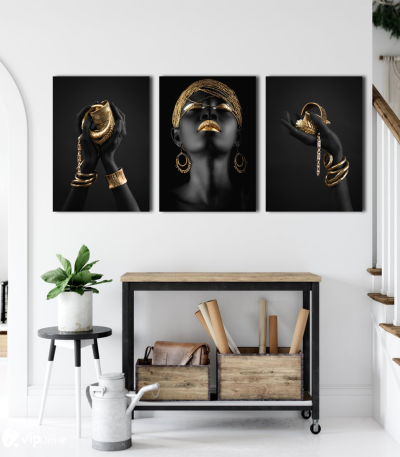 Σύνθεση Με Πίνακες Καμβάδες 70x50 - 3 Τεμάχια - Black And Gold Jewelry