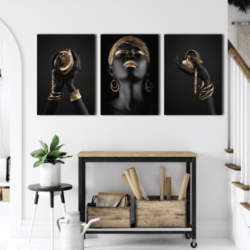 Σύνθεση Με Πίνακες Καμβάδες 70x50 - 3 Τεμάχια - Black And Gold Jewelry