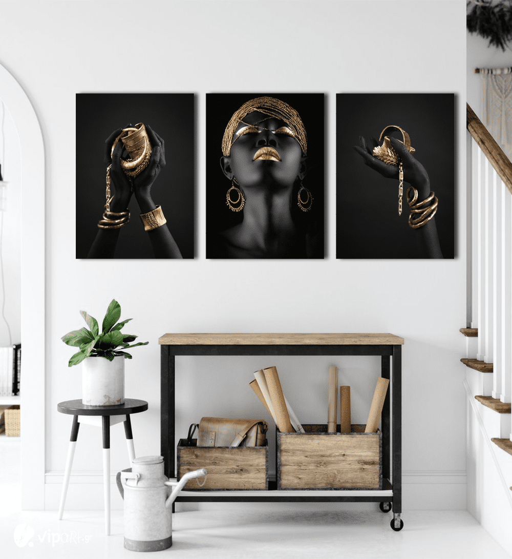 Σύνθεση Με Πίνακες Καμβάδες 70x50 - 3 Τεμάχια - Black And Gold Jewelry