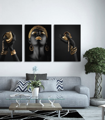 Σύνθεση Με Πίνακες Καμβάδες 70x50 - 3 Τεμάχια - Black And Gold Jewelry