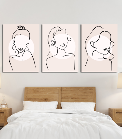 Σύνθεση Με Πίνακες Καμβάδες 60x40 - 3 Τεμάχια - Line Art Lady