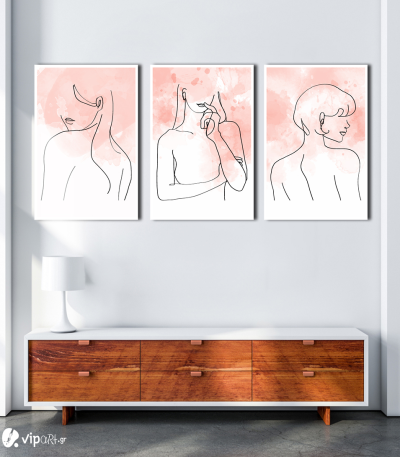 Σύνθεση Με Πίνακες Καμβάδες 60x40 - 3 Τεμάχια - Line Art Lady 2