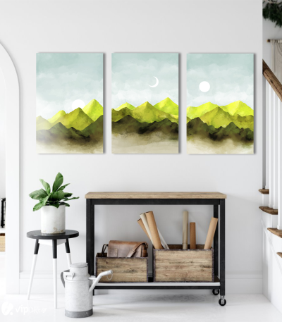 Σύνθεση Με Πίνακες Καμβάδες 60x40 - 3 Τεμάχια - Abstract Green Theme
