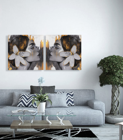 Σύνθεση Με Πίνακες Καμβάδες 60x60 - 2 Τεμάχια - Lady Gold Flowers