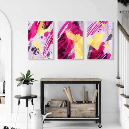 Σύνθεση Με Πίνακες Καμβάδες 60x40 - 3 Τεμάχια - Abstract Pink and Yellow Synthesis