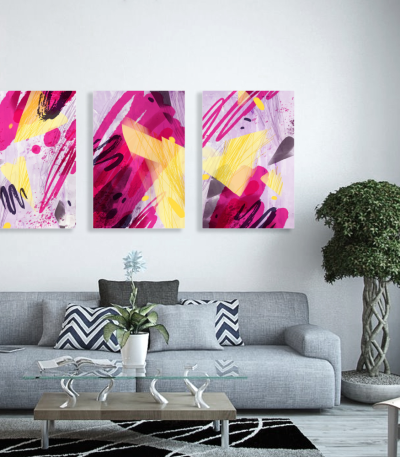 Σύνθεση Με Πίνακες Καμβάδες 60x40 - 3 Τεμάχια - Abstract Pink and Yellow Synthesis