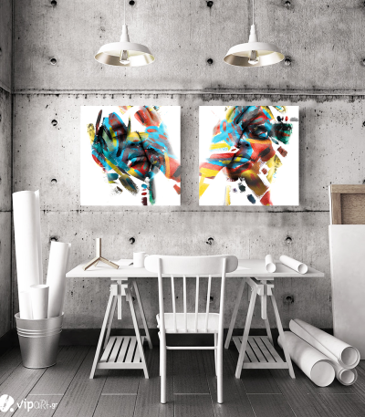 Σύνθεση Με Πίνακες Καμβάδες 60x60 - 2 Τεμάχια - Colorful Abstract Men Portrait