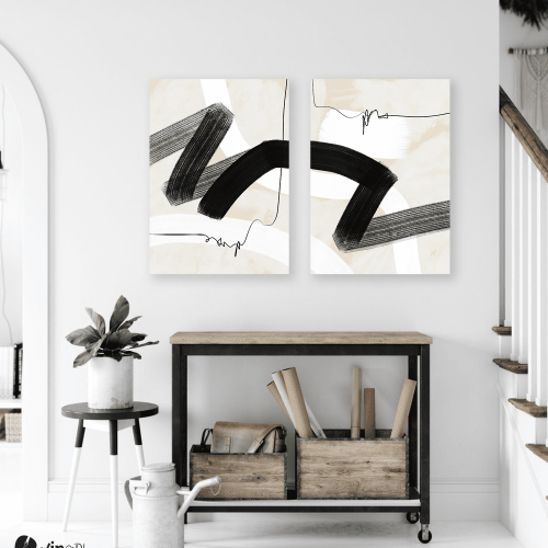 Σύνθεση με πίνακες Καμβάδες : Abstract Black and Beige Synthesis - 2 Τεμάχια 70x 50