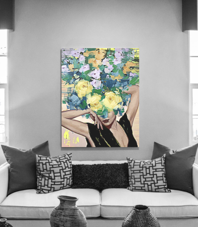 Πίνακας σε Καμβά : Lady With Blue Yellow and Orange Flowers