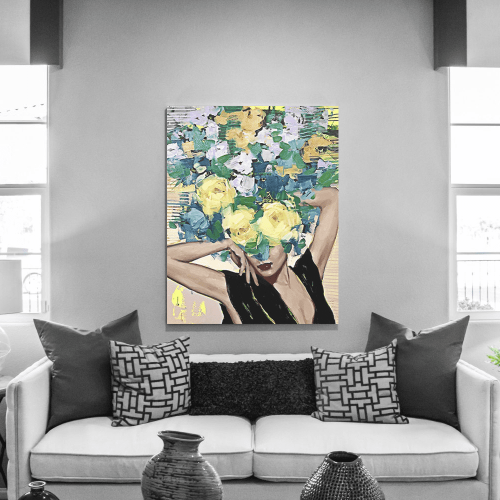 Πίνακας σε Καμβά : Lady With Blue Yellow and Orange Flowers