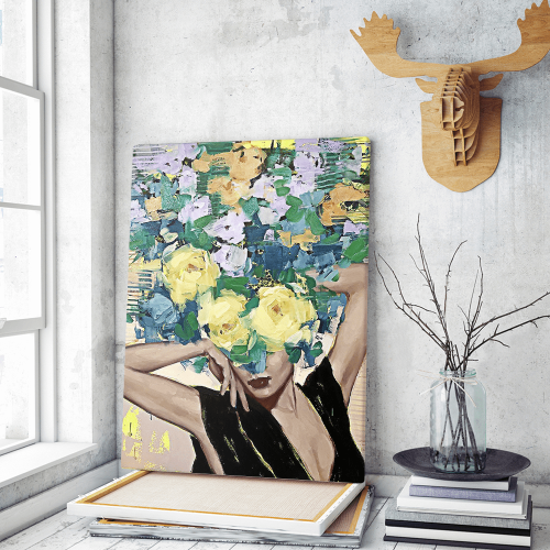 Πίνακας σε Καμβά : Lady With Blue Yellow and Orange Flowers