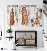 Σύνθεση με Πίνακες σε Καμβά-3 τεμάχια 40x80-London-Pisa-Paris