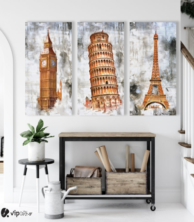 Σύνθεση με Πίνακες σε Καμβά-3 τεμάχια 40x80-London-Pisa-Paris