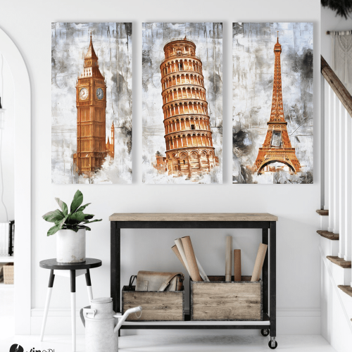 Σύνθεση με Πίνακες σε Καμβά-3 τεμάχια 40x80-London-Pisa-Paris