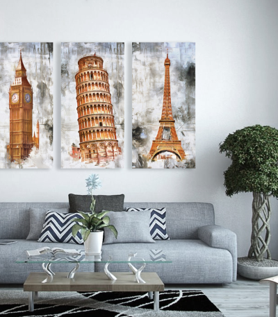 Σύνθεση με Πίνακες σε Καμβά-3 τεμάχια 40x80-London-Pisa-Paris