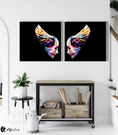 Σύνθεση Με Πίνακες Καμβάδες 60x60 - 2 Τεμάχια - Wings and Faces Abstract Synthesis