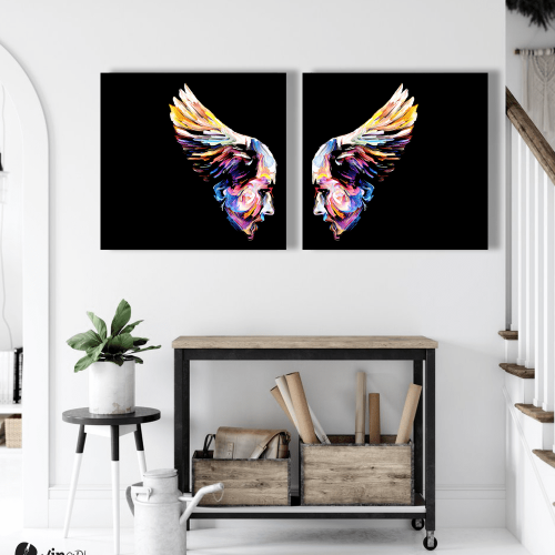 Σύνθεση Με Πίνακες Καμβάδες 60x60 - 2 Τεμάχια - Wings and Faces Abstract Synthesis