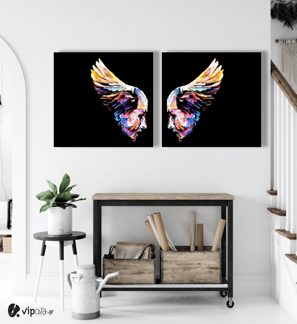 Σύνθεση Με Πίνακες Καμβάδες 60x60 - 2 Τεμάχια - Wings and Faces Abstract Synthesis