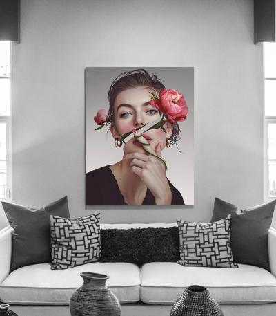 Πίνακας σε Καμβά : Surrealistic Woman Portrait With Flowers