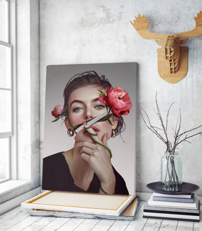 Πίνακας σε Καμβά : Surrealistic Woman Portrait With Flowers