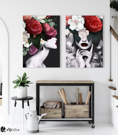 Σύνθεση με πίνακες Καμβάδες : Minimal creative with woman and flowers - 2 Τεμάχια 70x50
