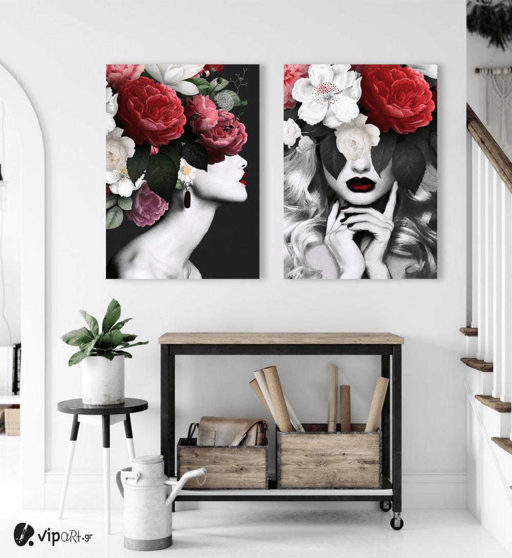Σύνθεση με πίνακες Καμβάδες : Minimal creative with woman and flowers - 2 Τεμάχια 70x50