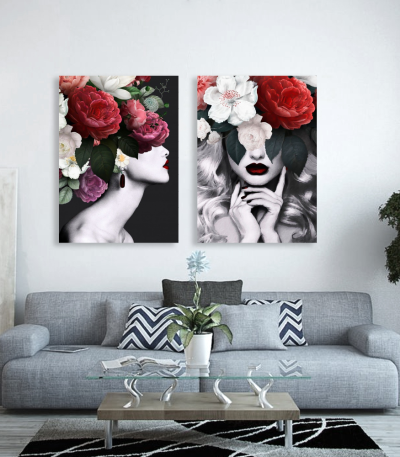 Σύνθεση με πίνακες Καμβάδες : Minimal creative with woman and flowers - 2 Τεμάχια 70x50