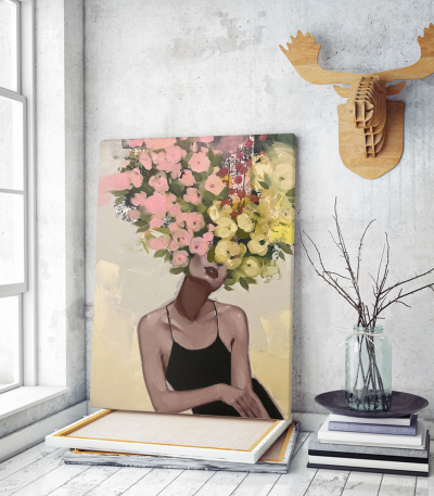 Πίνακας σε Καμβά : Floral Woman Portrait Pink and Yellow Tones