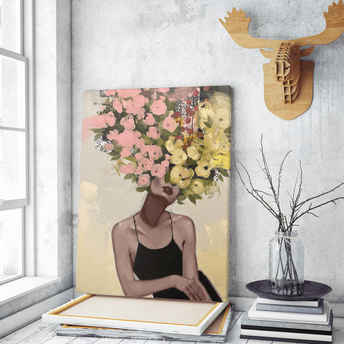 Πίνακας σε Καμβά : Floral Woman Portrait Pink and Yellow Tones