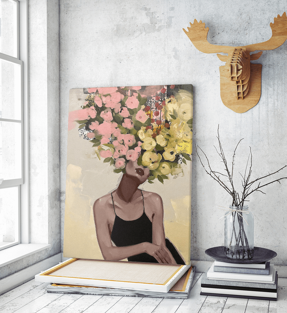 Πίνακας σε Καμβά : Floral Woman Portrait Pink and Yellow Tones